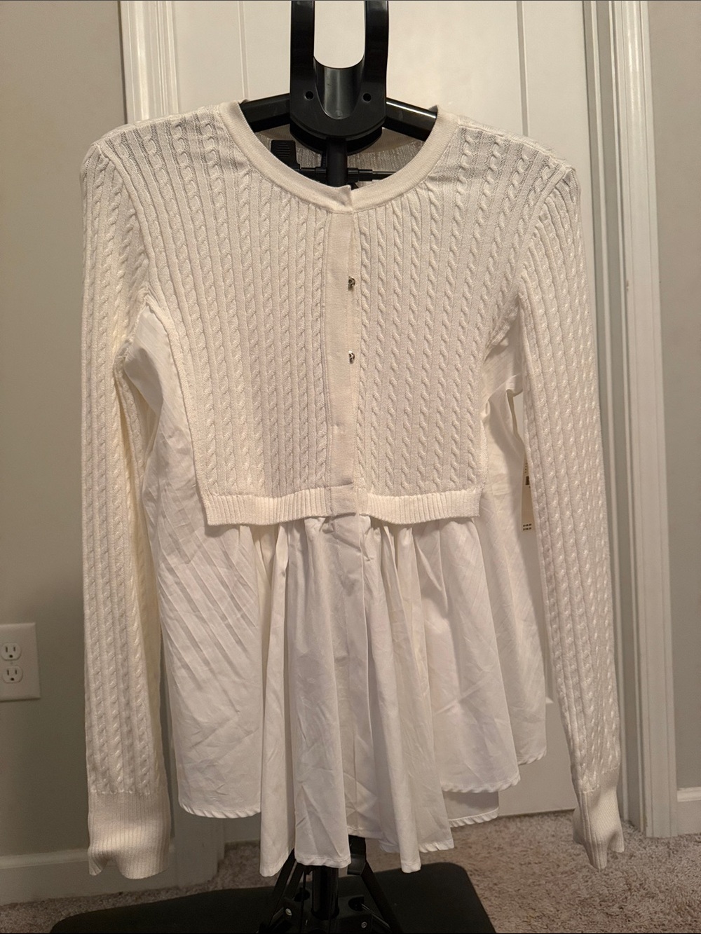 Anthropologie White Cable-Knit Peplum Cardigan with Chiffon Hem
